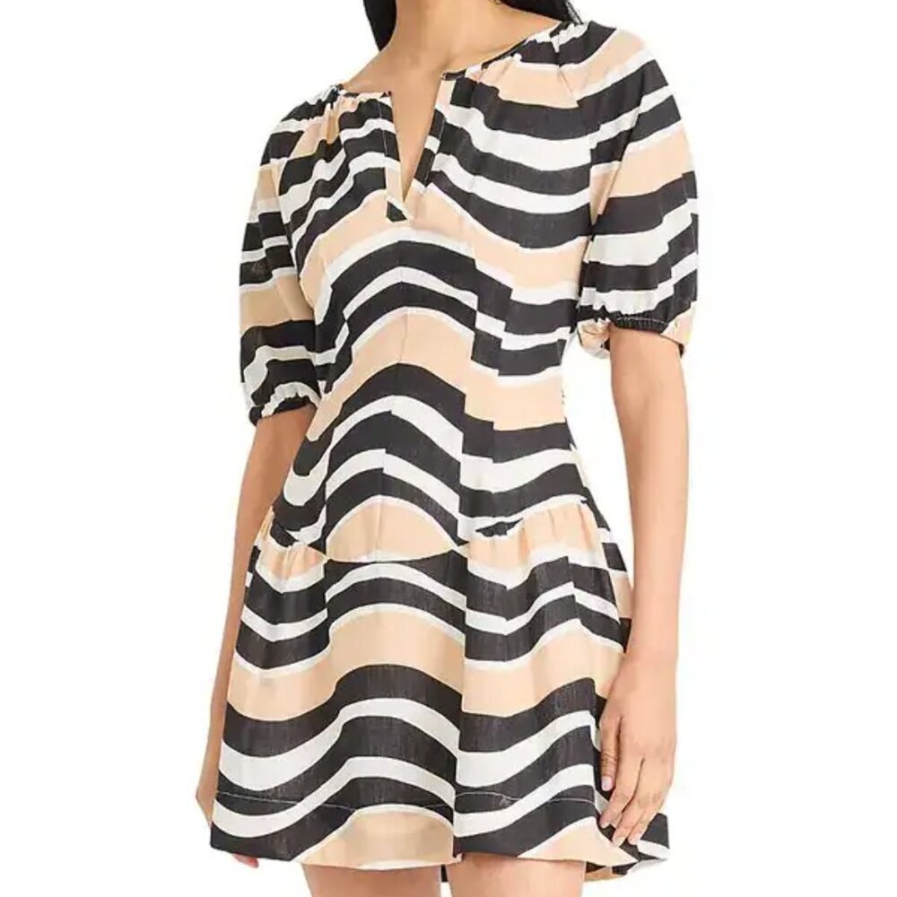 The Good Journey Puff Sleeve Mini Dress Chevron Black and Tan Dress. Sz: 10